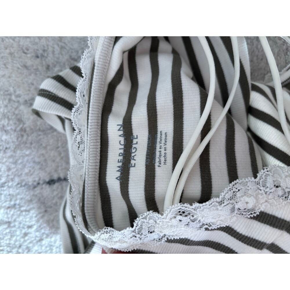 American Eagle Lace Trim Striped Cami Tank Top XS Olive Ivory Y2K Cottagecore - Picture 9 of 9